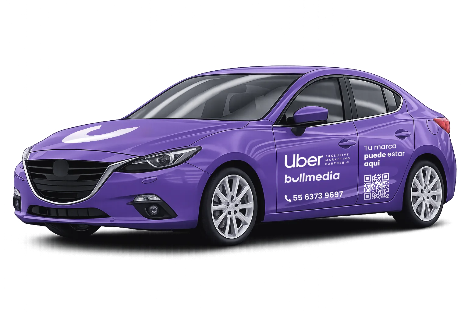Auto morado con wrap completo de Uber y bullmedia